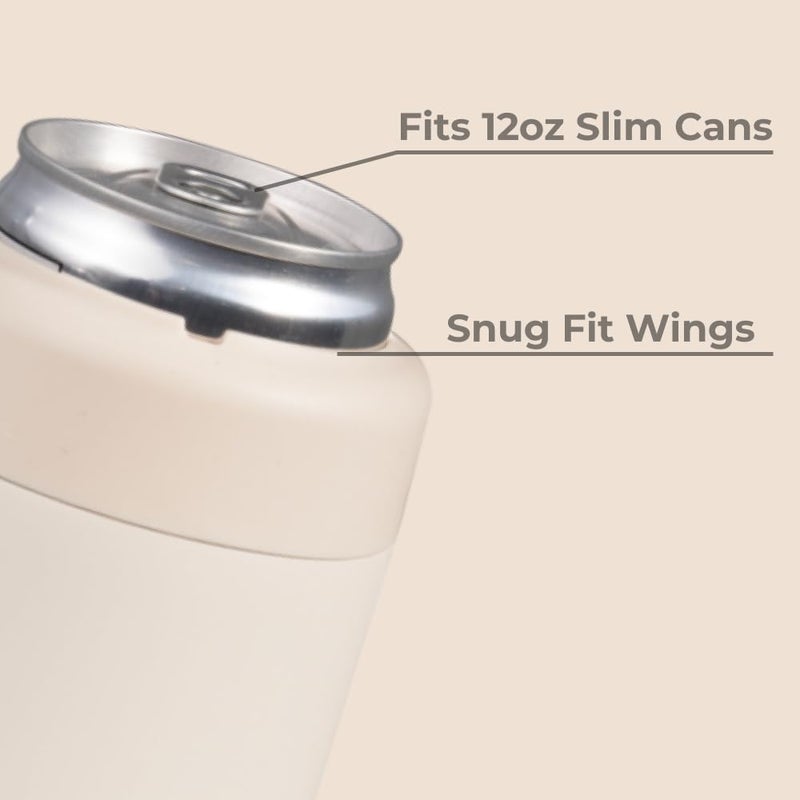 Slim Can Cooler - 2-in-1 Insulated Can Cooler Cup - Stainless Steel Slim Can Holder with Non-Slip Rubber Base - Screw-Top Lid - Dishwasher Safe - 12oz, Cream